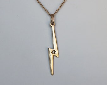 Gold Lightning Bolt Necklace with White Diamond