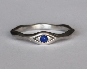 Ready to Ship-Silver and Small Deep Blue Lapis Eye Ring, US Size 5.25