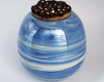 Iridescent Blue, White & Chartreuse Ether Egg Vessel with Bedazzled Cork-wheel thrown and lustered