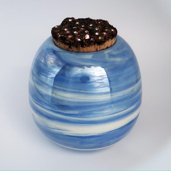 Iridescent Blue, White & Chartreuse Ether Egg Vessel with Bedazzled Cork-wheel thrown and lustered