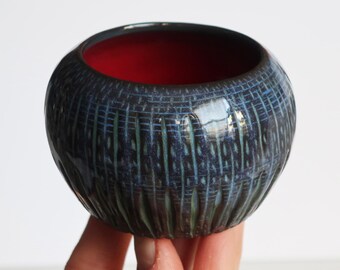 Black, Blue & Red, lines and dashes potion/stash jar/bowl. Hand-thrown, carved and painted, glazed black porcelain jar-One of a KInd