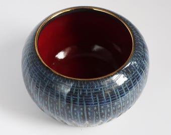 Black Porcelain vessel/jar: Carved with Red Glaze and 22k Gold Luster, Hand-thrown