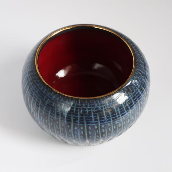 Black Porcelain vessel/jar: Carved with Red Glaze and 22k Gold Luster, Hand-thrown