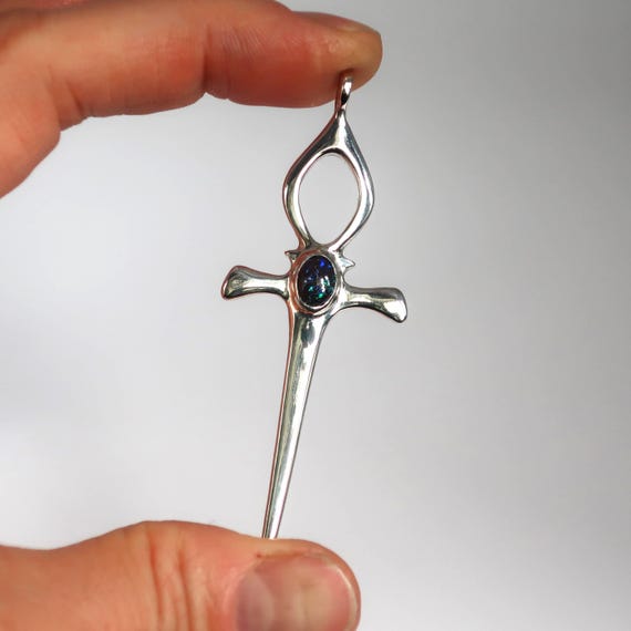 Sterling Silver and Genuine Boulder Opal Ankh Dagger Pendant-Ready to Ship