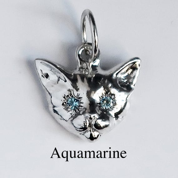 Small Sterling Silver Kitty Cat Charm with Jeweled Eyes-multiple gemstone options