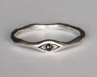 Sterling Silver and Genuine Black Diamond Eye Ring-Size 8