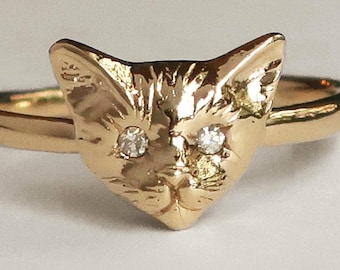 Gold Tone Kitty Cat Ring with White CZ Eyes