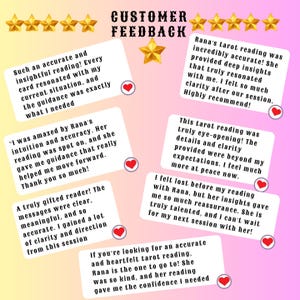 May include: Five customer testimonials about a tarot reading service. Each testimonial is in a white box with a red heart in the bottom right corner. The testimonials highlight the accuracy, clarity, and helpfulness of the tarot readings.
