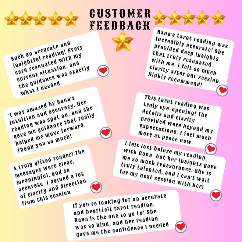 May include: Five customer testimonials about a tarot reading service. Each testimonial is in a white box with a red heart in the bottom right corner. The testimonials highlight the accuracy, clarity, and helpfulness of the tarot readings.