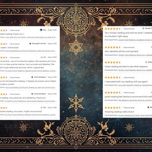 May include: Image of customer reviews with five-star ratings. The reviews are on a dark background with gold decorative borders and celestial designs. The reviews are from customers who purchased readings.