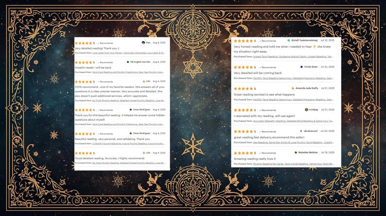 May include: Image of customer reviews with five-star ratings. The reviews are on a dark background with gold decorative borders and celestial designs. The reviews are from customers who purchased readings.