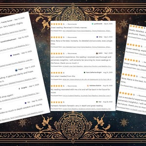May include: Three sheets of paper with customer reviews, set against a decorative background with gold filigree and a starry night design. The reviews feature star ratings and text.