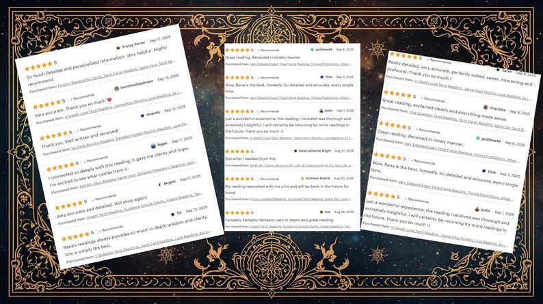 May include: Three sheets of paper with customer reviews, set against a decorative background with gold filigree and a starry night design. The reviews feature star ratings and text.