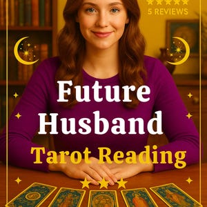 May include: A woman in a purple long-sleeve shirt with the text "Future Husband Tarot Reading" on a yellow background. Tarot cards are laid out on a wooden table. The image includes a "Best Seller" badge and five stars.
