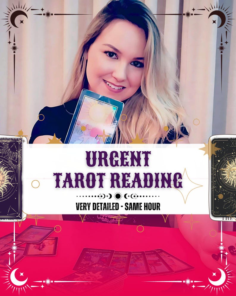 May include: A woman holds a tarot card in front of a pink background with the text "URGENT TAROT READING VERY DETAILED - SAME HOUR" and several tarot cards spread out on the table.