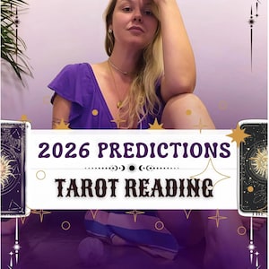May include: Image featuring a woman with blonde hair, wearing a purple top, and a gold necklace. The text "2026 Predictions Tarot Reading" is displayed in a decorative banner. Two tarot cards are visible on either side of the banner.