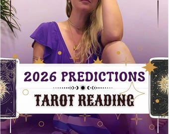 May include: Image featuring a woman with blonde hair, wearing a purple top, and a gold necklace. The text "2026 Predictions Tarot Reading" is displayed in a decorative banner. Two tarot cards are visible on either side of the banner.