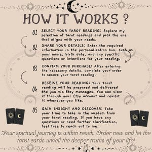 May include: How it works? A step-by-step guide on how to get a tarot reading. Select your reading, share your details, confirm your purchase, receive your reading, and gain insight and discover. Your spiritual journey is within reach. Order now and let the tarot cards unveil the deeper truths of your life!
