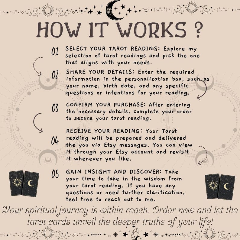 May include: How it works? A step-by-step guide on how to get a tarot reading. Select your reading, share your details, confirm your purchase, receive your reading, and gain insight and discover. Your spiritual journey is within reach. Order now and let the tarot cards unveil the deeper truths of your life!