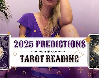 May include: A woman sits in front of a purple background with tarot cards on either side of her. The text "2025 Predictions Tarot Reading" is displayed in a white box with a black border.