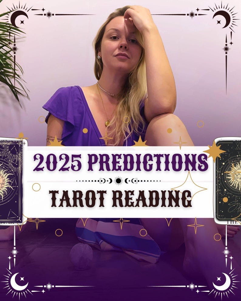 May include: A woman sits in front of a purple background with tarot cards on either side of her. The text "2025 Predictions Tarot Reading" is displayed in a white box with a black border.