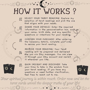 May include: How it works? A step-by-step guide on how to get a tarot reading. Select your reading, share your details, confirm your purchase, receive your reading, and gain insight and discover. Your spiritual journey is within reach. Order now and let the tarot cards unveil the deeper truths of your life!