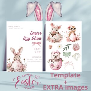 Op de afbeelding: Een printbare sjabloon voor een paaseierenjacht met de tekst "Easter Egg Hunt 18.04.2025 125 Anywhere St. Any City, ST 12545 Egg Hunt, Crafts and Sweet Surprises Await!" en illustraties van een konijn, een varken, een beer en een wasbeer in roze en wit.