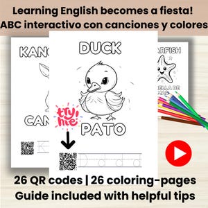 May include: Educational coloring pages for learning English, with illustrations of a duck and a starfish. The pages include the words "DUCK" and "PATO". The image also includes QR codes and a red play button.