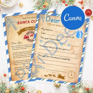 Carta personalizada para niños de Santa Azul, Plantilla imprimible Carta de Santa, Descarga instantánea editable, cinco páginas a Santa, plantilla canva
