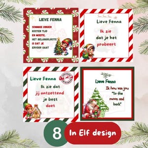 Op de afbeelding: Acht printbare kerstcadeau-etiketten met een elf-ontwerp. Elk etiket heeft een andere boodschap in het Nederlands, waaronder "Lieve Fenna" en "Ik hou van jou".