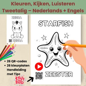 Op de afbeelding: Een kleurplaat met een illustratie van een zeester, het woord "STARFISH" erboven en het woord "ZEESTER" eronder. Een hand houdt een potlood vast om de zeester in te kleuren. Een zebra kleurplaat is ook afgebeeld.