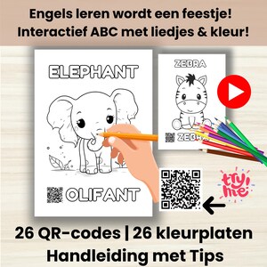 Op de afbeelding: Een kleurboek voor kinderen met het woord "ELEPHANT" boven een cartoon olifant illustratie. Een hand houdt een potlood boven de afbeelding. De tekst "ZEBRA" staat boven een zebra-illustratie.