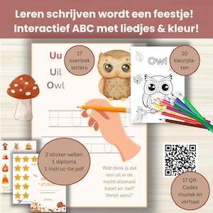 May include: Educational set for learning to write, featuring an owl theme. Includes a workbook with tracing letters, a coloring book, stickers, a diploma, and a PDF guide. The set also has 17 QR codes for music and stories.