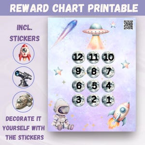 May include: A space-themed reward chart, featuring a rocket, astronaut, and UFO. The chart includes numbered moon graphics and the text "REWARD CHART PRINTABLE". Stickers are included to decorate the chart.