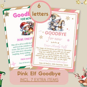 Op de afbeelding: Twee roze en groene printbare afscheidsbriefjes van elfen met illustraties van elfen. De tekst luidt "Tot ziens voor nu" en bevat een gepersonaliseerd bericht voor Emily en Mandy. De briefjes bevatten ook de datum van terugkeer: 25 december 2025.