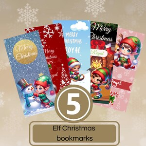 May include: Set of five Christmas-themed bookmarks featuring elves, snowmen, and festive designs. The bookmarks are decorated with the text "Merry Christmas Royal".
