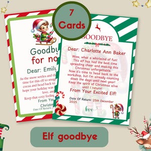 Op de afbeelding: Een set van 7 kerst-elfen afscheidskaarten met een groene en rode gestreepte achtergrond. De kaarten bevatten een cartoon-elf met een rode muts en een snoepstok. De tekst op de kaarten luidt "Goodbye for now" en "From Your Excited Elf!"