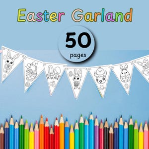 Op de afbeelding: Een printbare paasversiering met 50 pagina's met konijnen-, kuiken- en eimotieven. De versiering is klaar om in te kleuren met kleurpotloden of kleurpotloden.