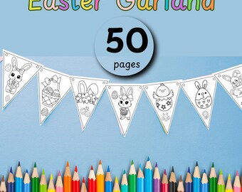 Printable Easter Garland Coloring Pages, DIY Easter Banner for Kids, Bunny Ears & Easter Egg Coloring, Fun Easter Activities for Toddlers