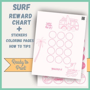 Op de afbeelding: Een beloningsschema met surfthema, stickers en kleurplaten. Het ontwerp toont een busje met een surfboard, een palmboom en de zinnen "You can do it!" en "You did it!". Inclusief tips en klaar om af te drukken.