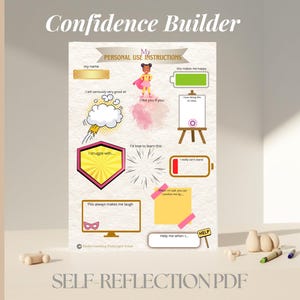 Op de afbeelding: Een afdrukbare "Confidence Builder" PDF met prompts voor zelfreflectie. Het ontwerp bevat geïllustreerde tekstballonnen, een superheldengrafiek en invulsecties. Tekst bevat "My Personal Use Instructions" en "Self-Reflection PDF."