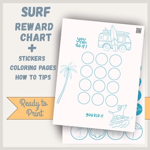 Op de afbeelding: Een afdrukbare beloningskaart met een surfthema. De kaart heeft een blauw omtrekontwerp met een surfplank, busje, palmboom en de tekst "SURF REWARD CHART + STICKERS COLORING PAGES HOW TO TIPS". De woorden "Ready to Print" zijn ook zichtbaar.
