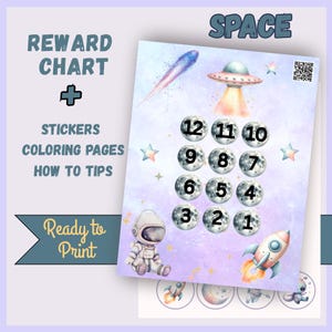 May include: A space-themed reward chart with a watercolour background in purple and blue. The chart includes numbered moon graphics, an astronaut, a rocket, and the text "REWARD CHART", "STICKERS", "COLORING PAGES", and "HOW TO TIPS".