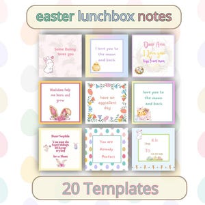 Op de afbeelding: Twintig afdrukbare notitiesjablonen voor lunchboxen met Pasen met schattige illustraties van konijnen en kuikens. De notities bevatten zinnen als "Some Bunny loves you", "Mistakes help me learn and grow" en "You are already perfect".