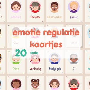Op de afbeelding: Een set van 20 emotie regulatie kaarten. Elke kaart toont een cartoon illustratie van een kindergezicht dat een andere emotie uitdrukt, met de naam van de emotie in het Nederlands. De kaarten zijn gerangschikt in een raster.
