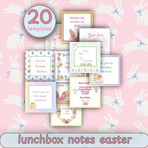 Citas de Pascua para niños, notas para loncheras imprimibles, tarjetas con mensajes escolares en plantillas digitales, palabras de aliento en colores pastel para la hora del almuerzo