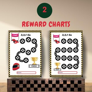 May include: Two printable reward charts featuring a race car track with tire spaces to color in. The charts say "3, 2, 1 Go" and have a finish line with a trophy.  The charts are designed for kids.