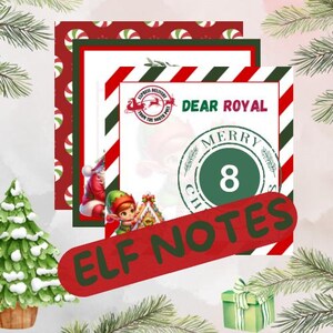 Op de afbeelding: Rode en groene kerst-elfenbrief met de tekst "Beste Royal" en "Vrolijk Kerstfeest" met een groene cirkel met het nummer 8. De brief heeft een rode banner onderaan met de tekst "Elf-briefjes".