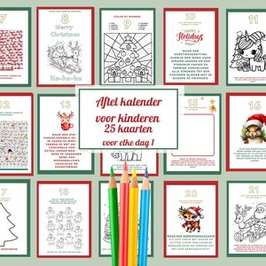 25 Calendario holandés de cuenta regresiva de Adviento de NavidadTarjetas para colorear de Navidad para niños Actividad familiar navideña divertida, niños imprimibles digitales de temporada