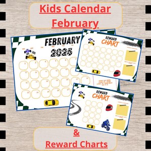 Op de afbeelding: Een printbare kinderkalender en beloningstabellen met een raceautothema. De kalender is voor februari 2025 en de beloningstabellen hebben ruimte voor stickers of vinkjes.